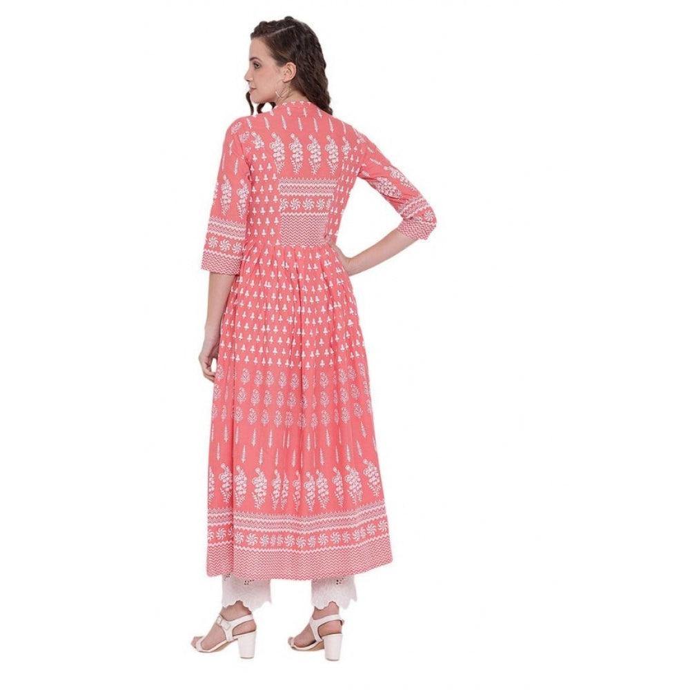 Women's Cotton Printed Regular Kurti (Peach, Cotton)