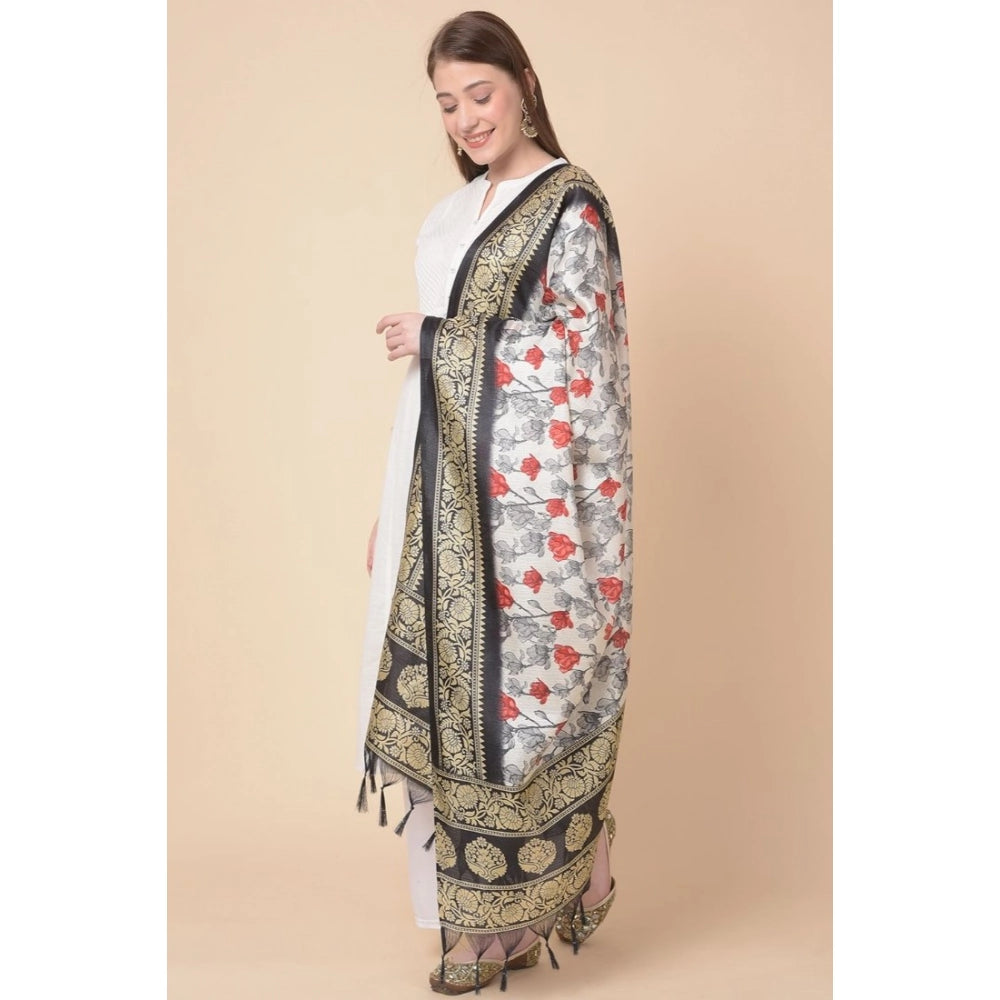 Women's Art Silk Printed Dupatta (Black, Length: 2.25 to 2.50 Mtr)