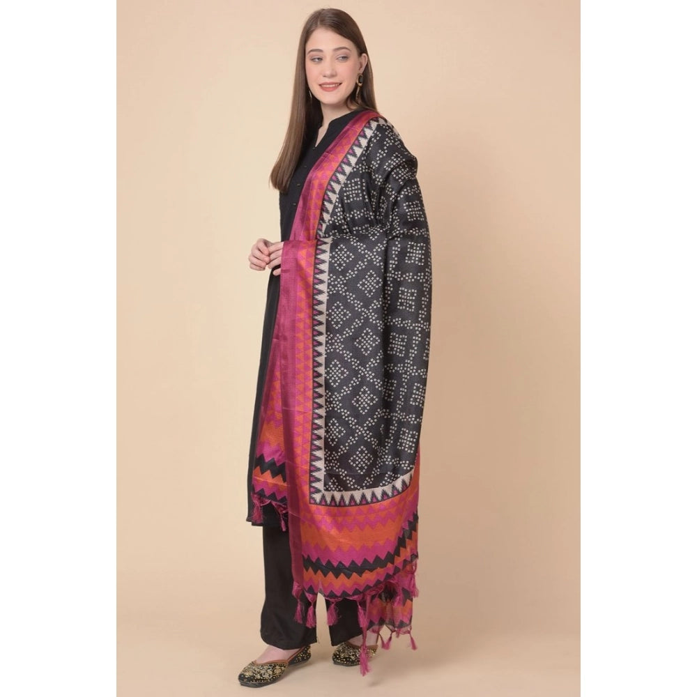 Women's Art Silk Printed Dupatta (Black, Length: 2.25 to 2.50 Mtr)