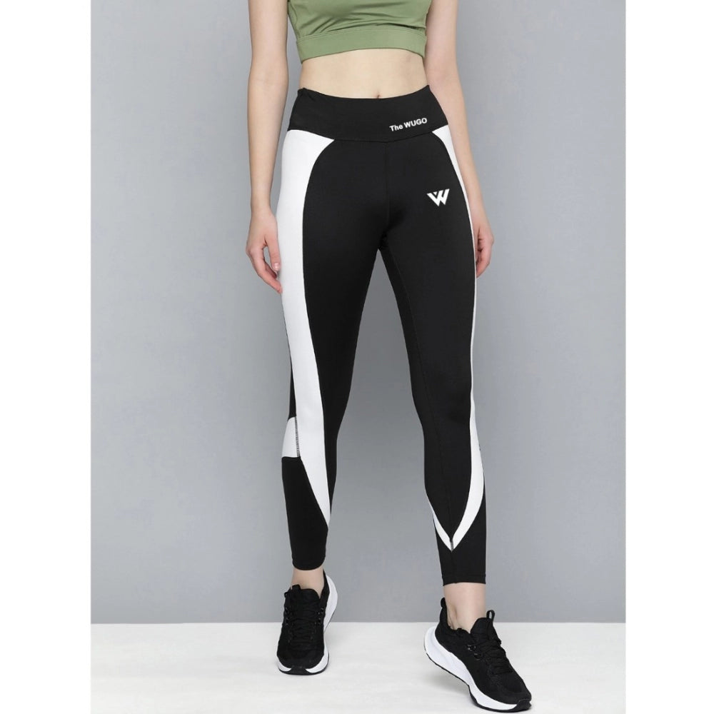 Women's Polyster Solid Sport Leggings (Black & White)