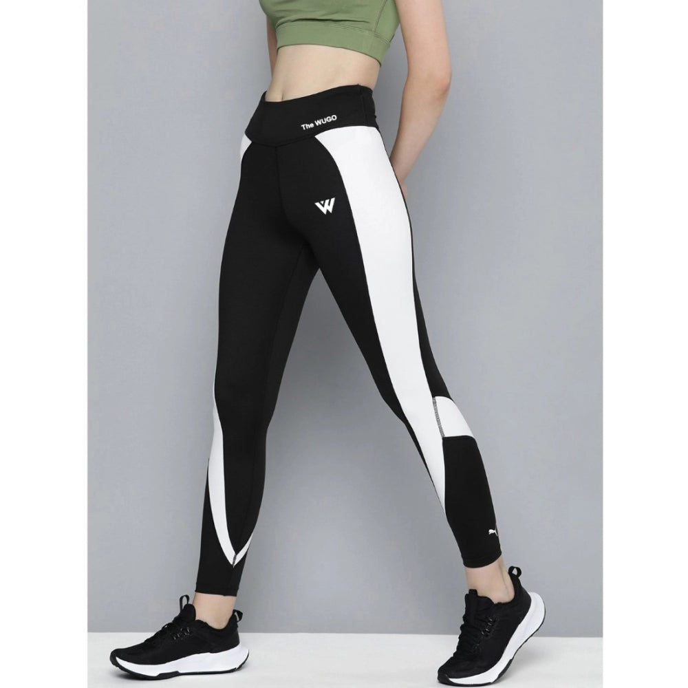 Women's Polyster Solid Sport Leggings (Black & White)