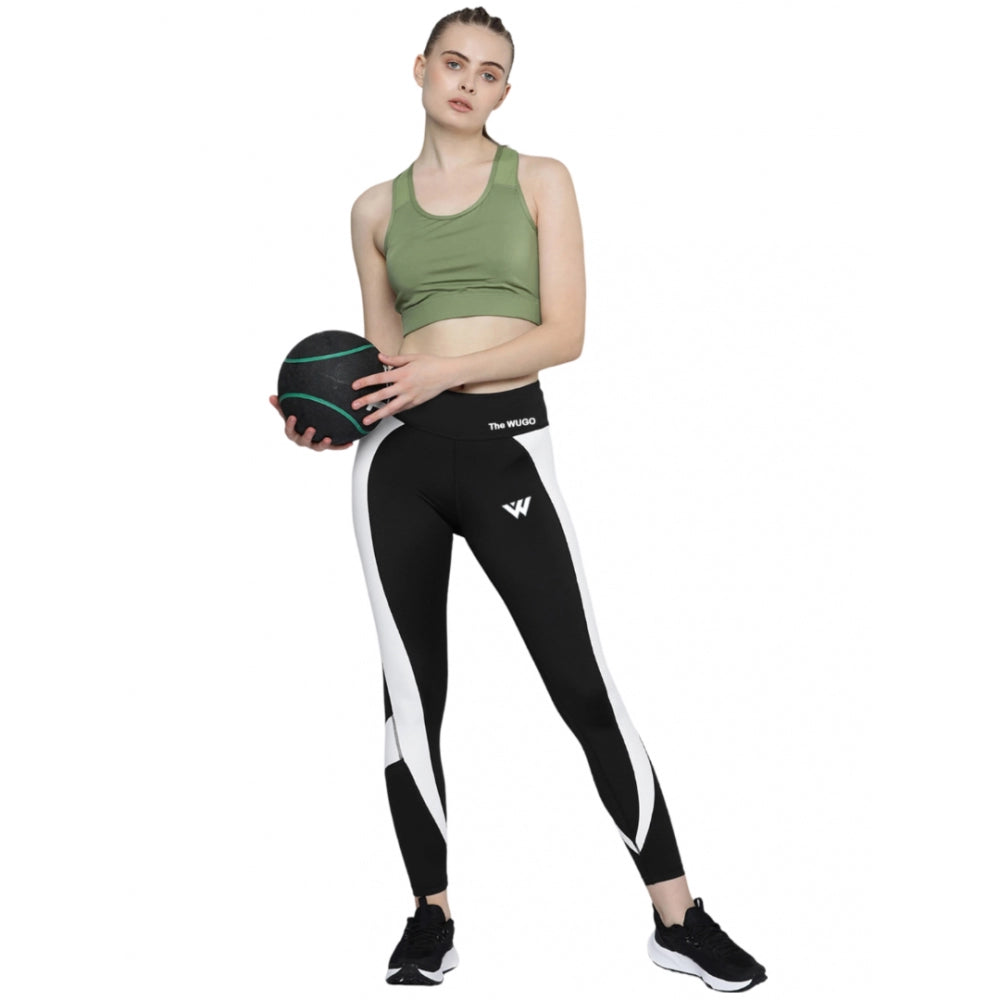 Women's Polyster Solid Sport Leggings (Black & White)