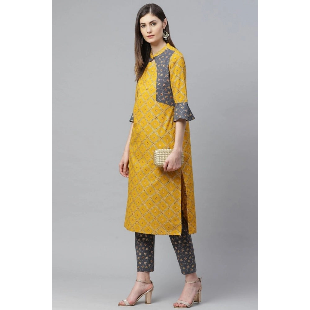 Women's Casual Bell Sleeves Geomatrical Printed Cotton Kurti Set (Yellow)