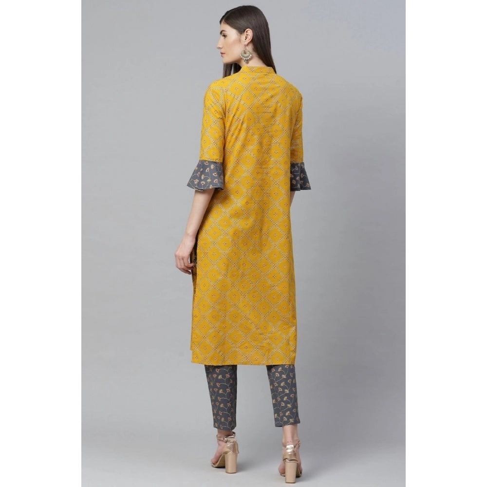 Women's Casual Bell Sleeves Geomatrical Printed Cotton Kurti Set (Yellow)