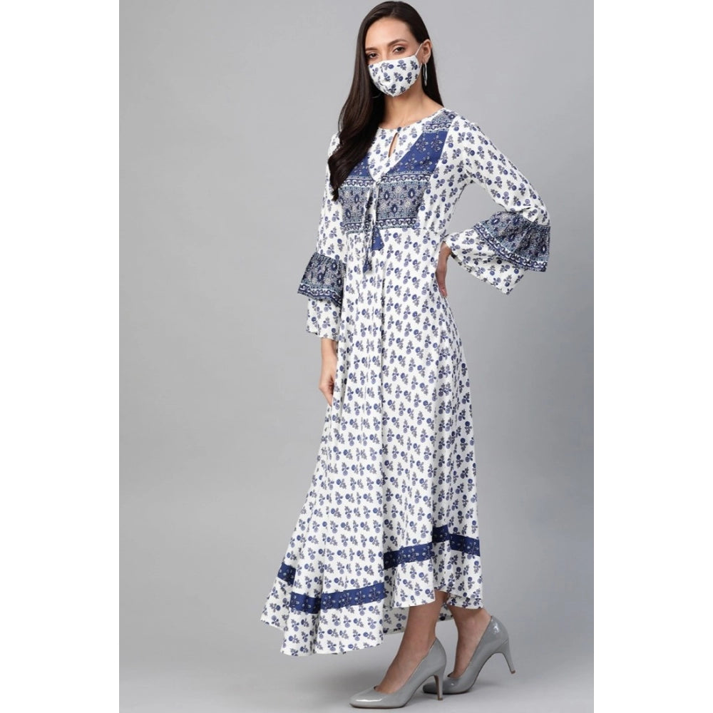 Women's Casual Bell Sleeve Floral Printed Rayon Dress (White & Blue)