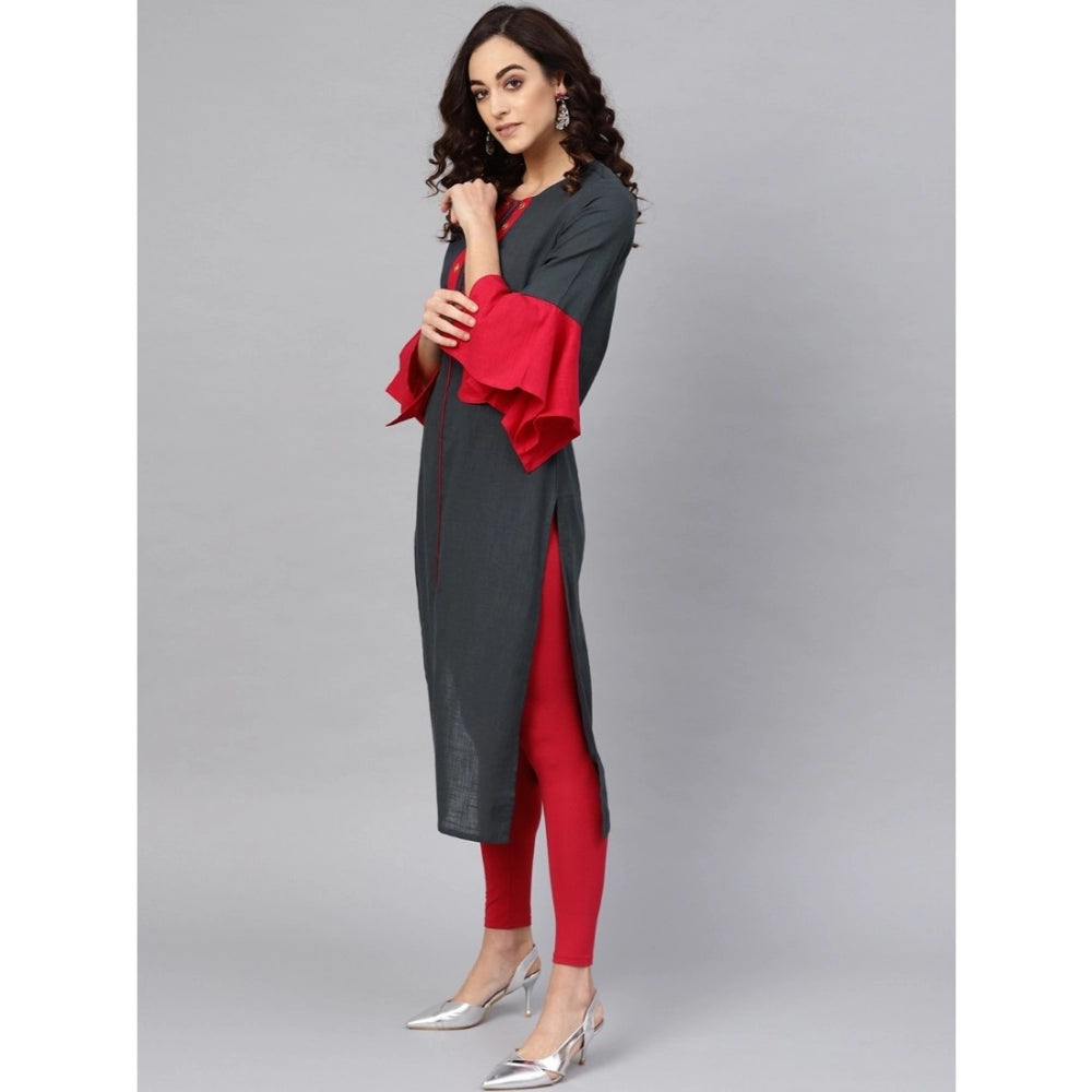 Women's Casual Bell Sleeves Mirror Work Cotton Slub Kurti (Grey)