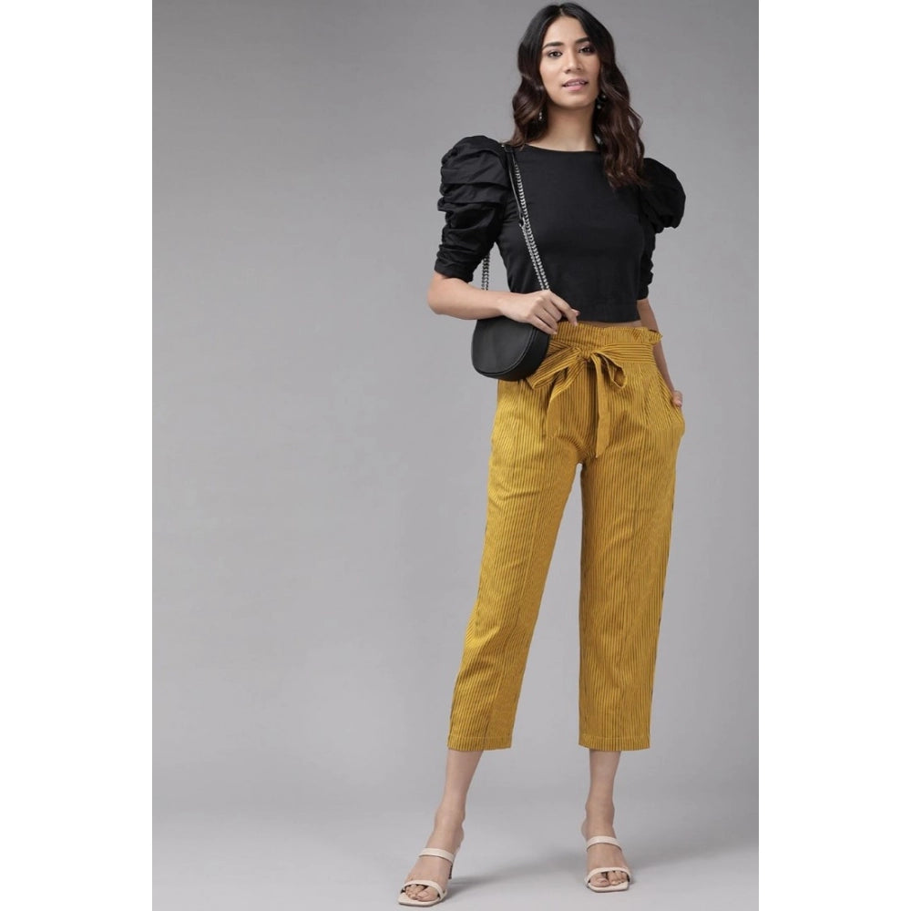 Women's Casual Printed Cotton Flex Trouser Pant (Mustard)