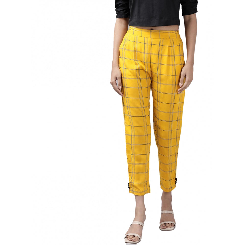 Women's Casual Checked Rayon Trouser Pant (Yellow)
