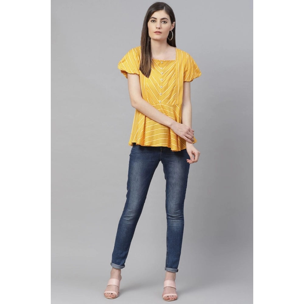Women's Casual Short Sleeves Stripe Printed Rayon Top (Mustard)