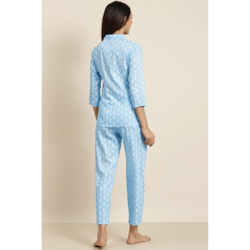 Women's Casual 3/4 th Sleeve Floral Printed Rayon Shirt With Pyjama Pant Night Suit Set (Blue)