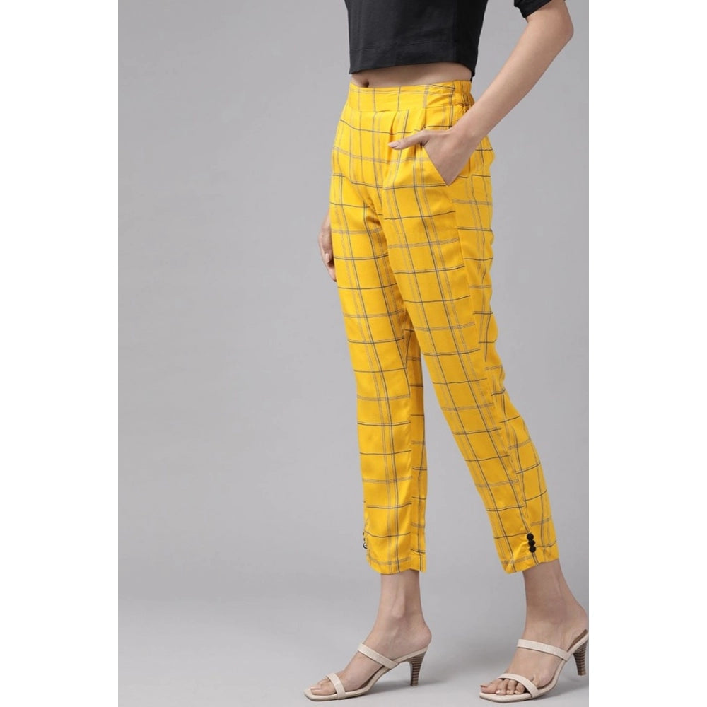 Women's Casual Checked Rayon Trouser Pant (Yellow)