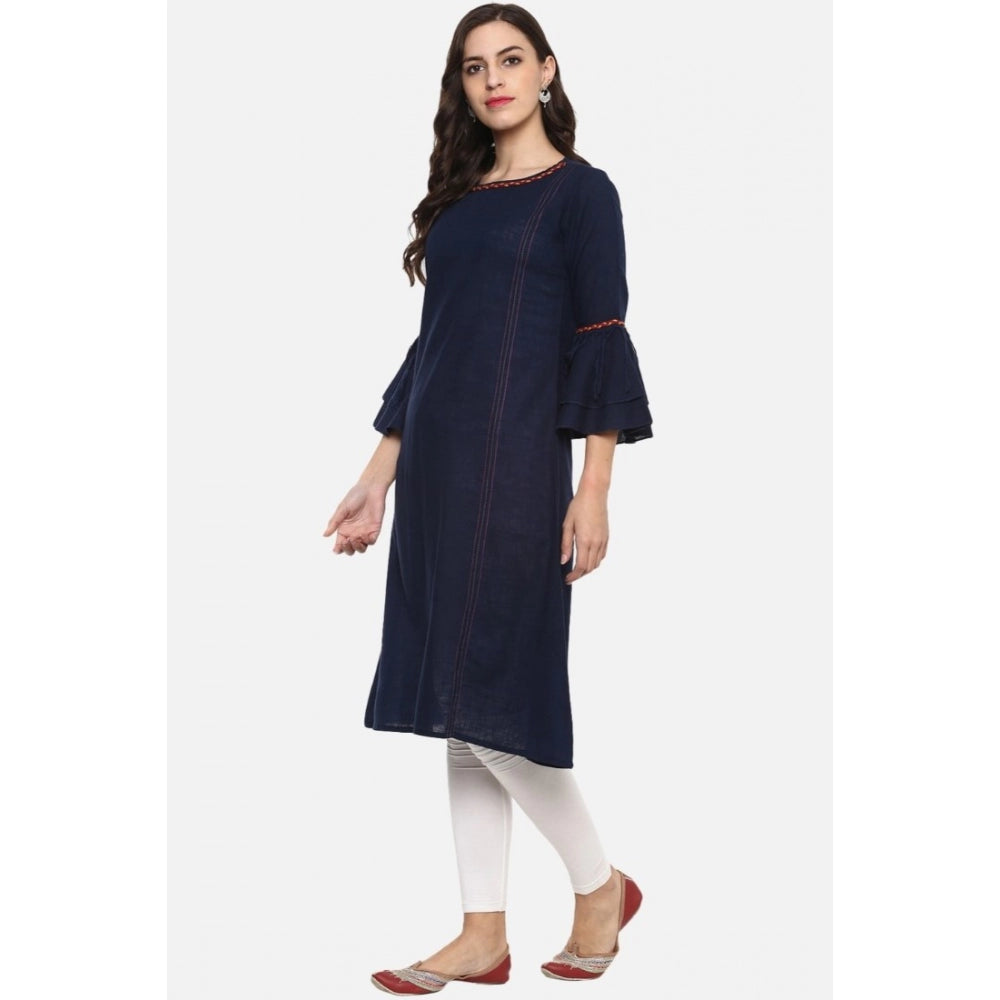 Women's Casual Bell Sleeves Solid Cotton Slub Kurti (Blue)