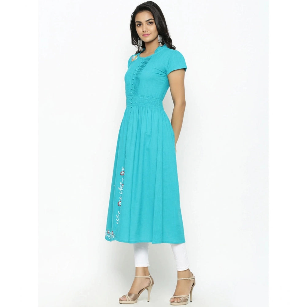 Women's Casual Short Sleeve Embroidery Cotton Slub Kurti (Torque Green)