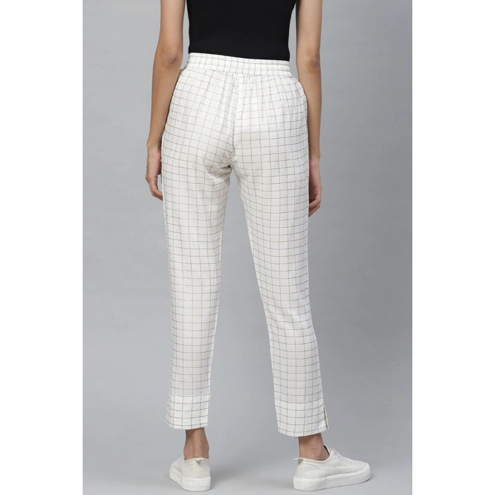 Women's Casual Checked Rayon Trouser Pant (White)