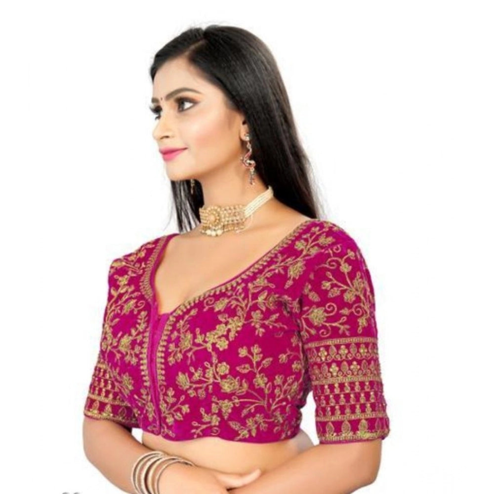Women's Velvet Embroidery Readymade Blouse (Pink, Size: Free Size)