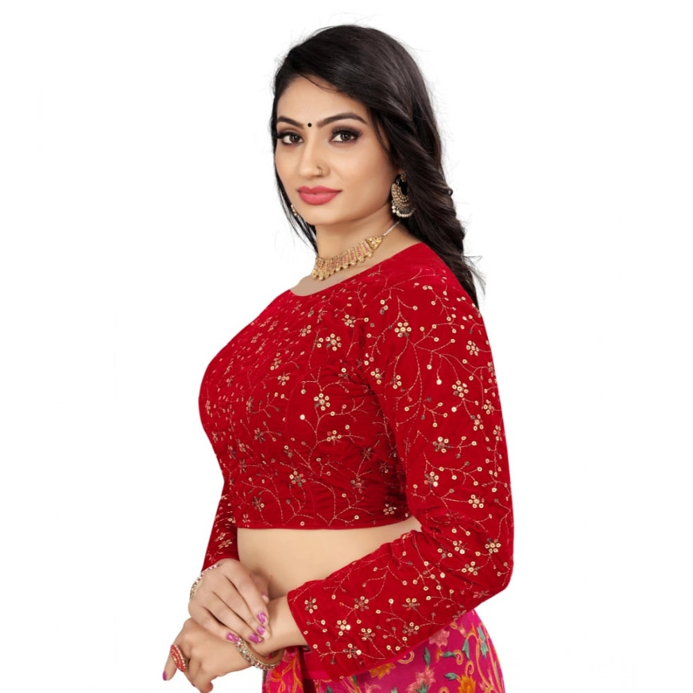 Women's Velvet Embroidery Readymade Blouse (Red, Size: Free Size)