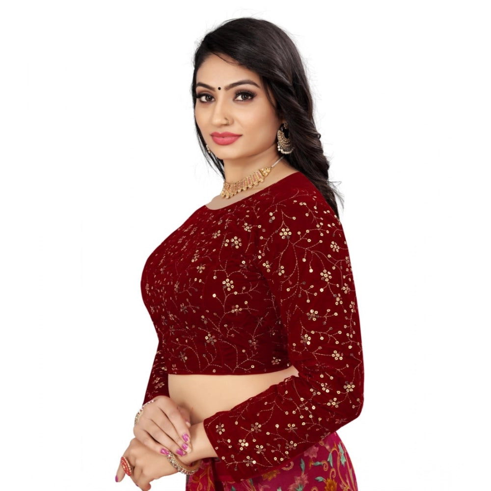 Women's Velvet Embroidery Readymade Blouse (Maroon, Size: Free Size)