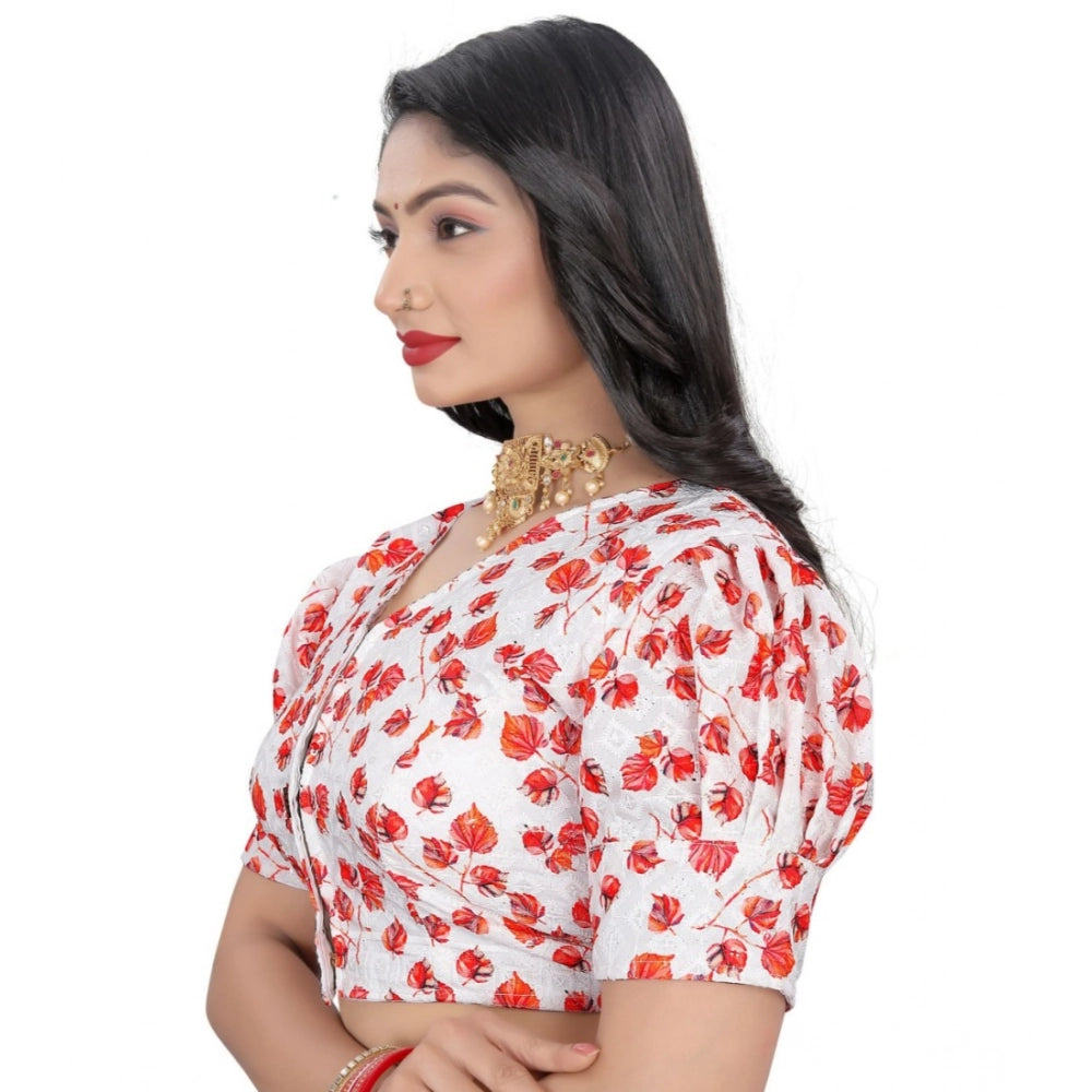 Women's Cotton Blend Floral Readymade Blouse (Red, Size: Free Size)