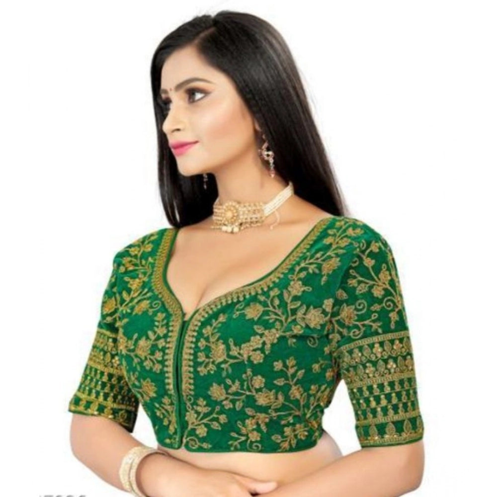 Women's Velvet Embroidery Readymade Blouse (Green, Size: Free Size)