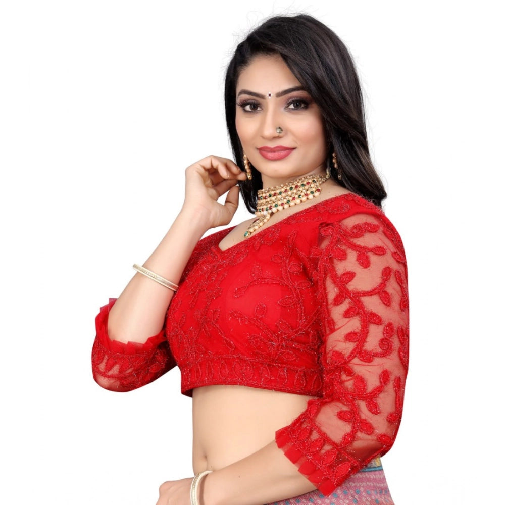 Women's Nylon Net Embroidery Readymade Blouse (Red, Size: Free Size)