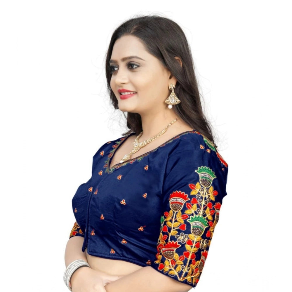 Women's Malai Silk Floral Readymade Blouse (Navy Blue, Size: Free Size)
