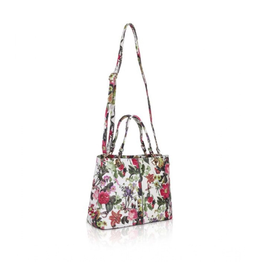 Women's Faux Leather Printed Handheld Bag (White Pink)
