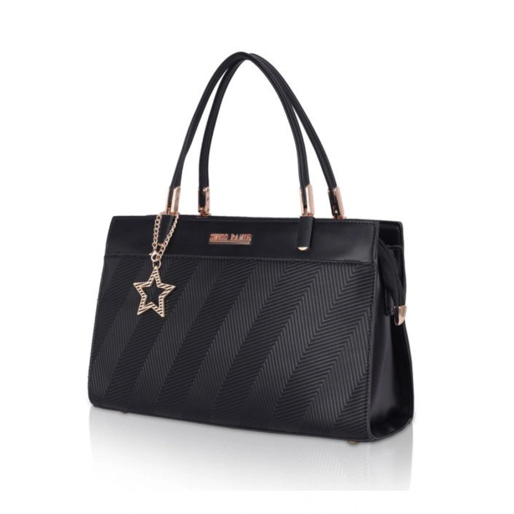 Women's Faux Leather Textured Adjustable Long Belt Handbag (Black)