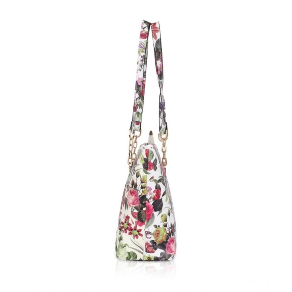 Women's Faux Leather Printed Tote Bag (White Pink)