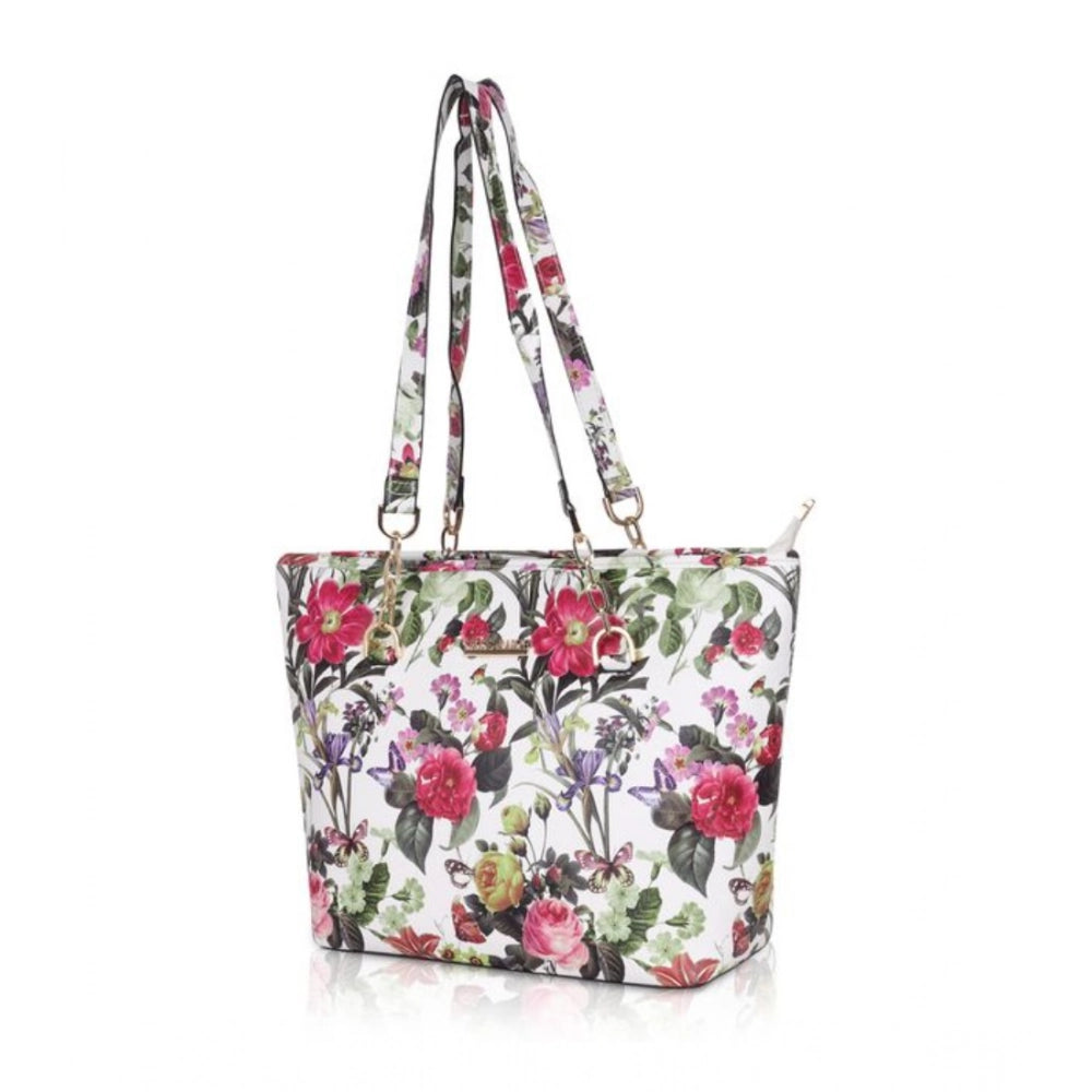 Women's Faux Leather Printed Tote Bag (White Pink)