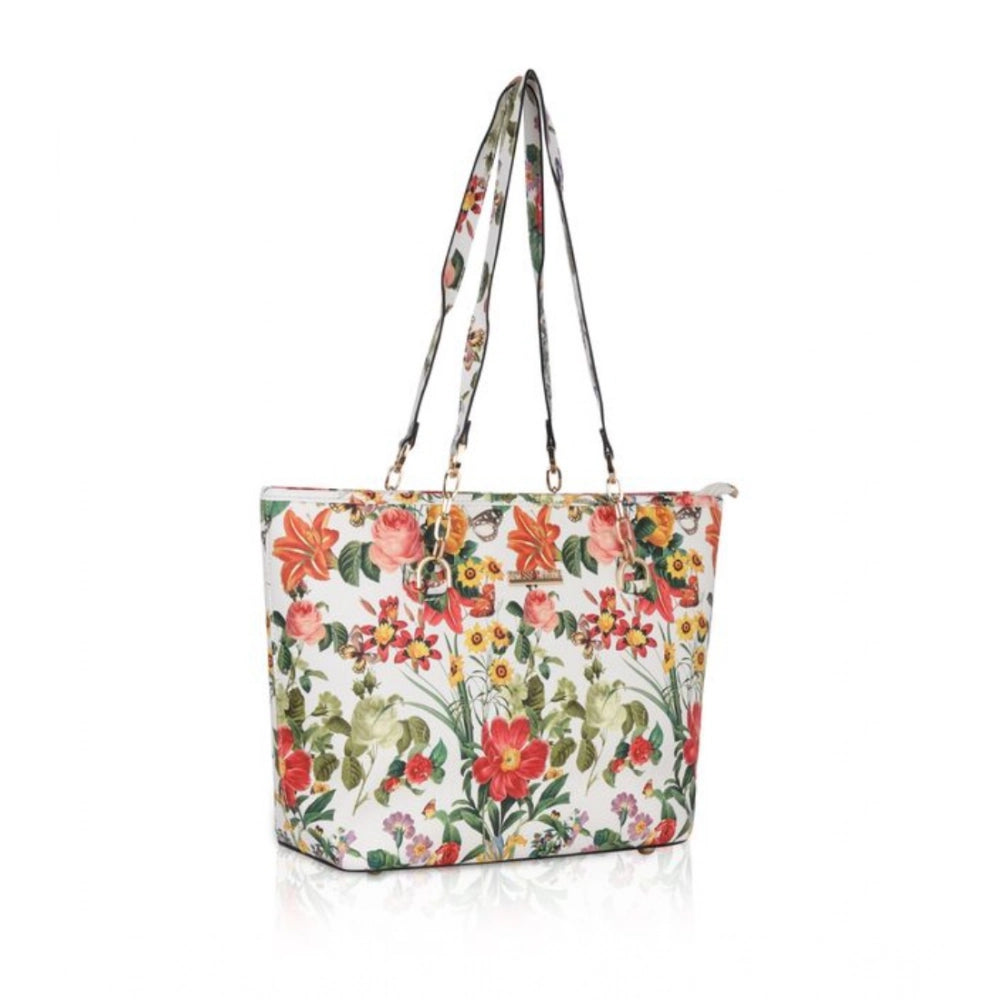 Women's Faux Leather Printed Tote Bag (White Orang)