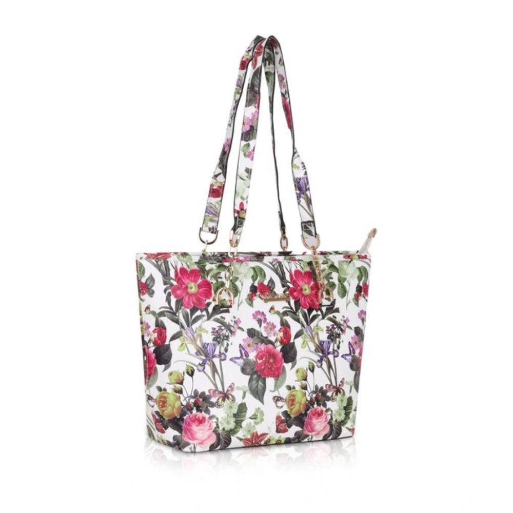 Women's Faux Leather Printed Tote Bag (White Pink)