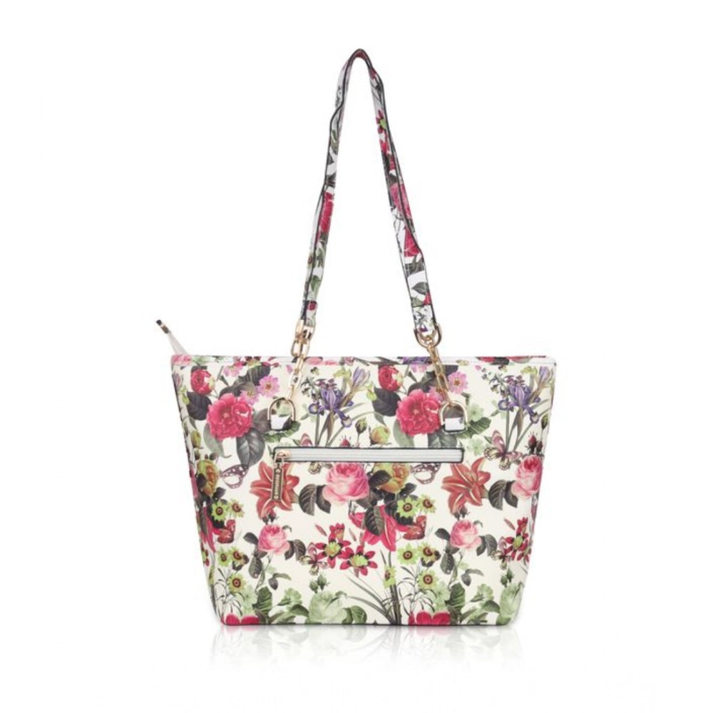 Women's Faux Leather Printed Tote Bag (White Pink)