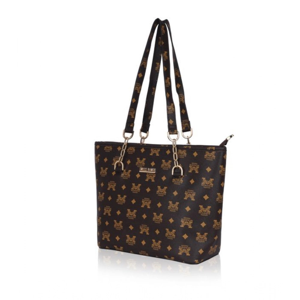 Women's Faux Leather Printed Tote Bag (Brown)