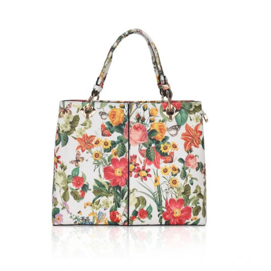 Women's Faux Leather Printed Handheld Bag (White Orang)