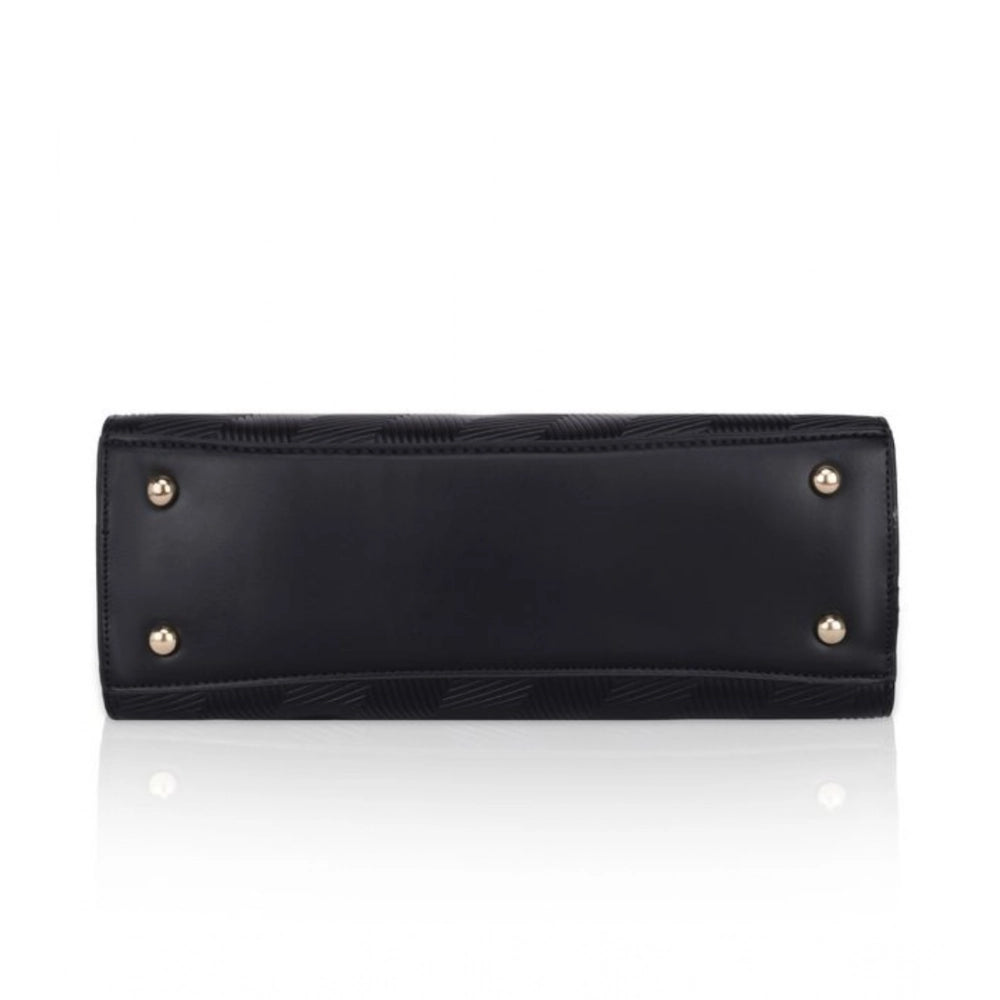 Women's Faux Leather Textured Adjustable Long Belt Handbag (Black)