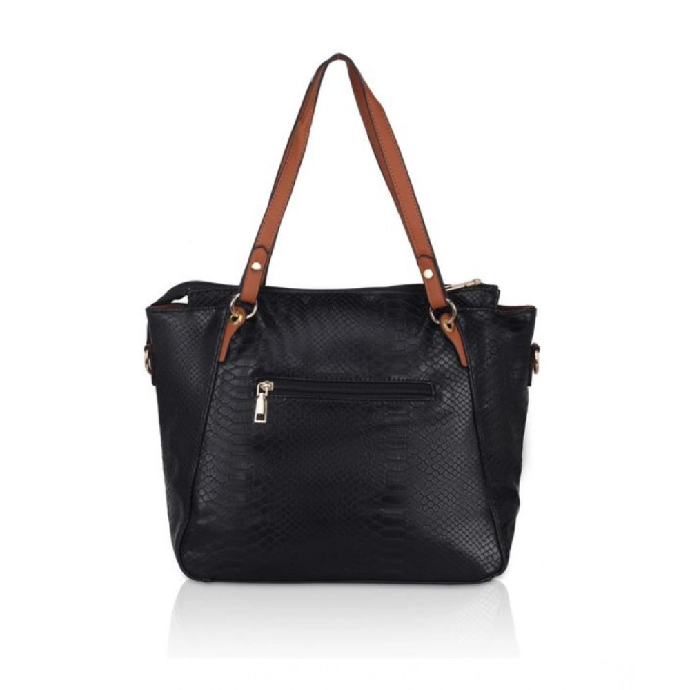 Women's Faux Leather Textured Tote Bag (Black)