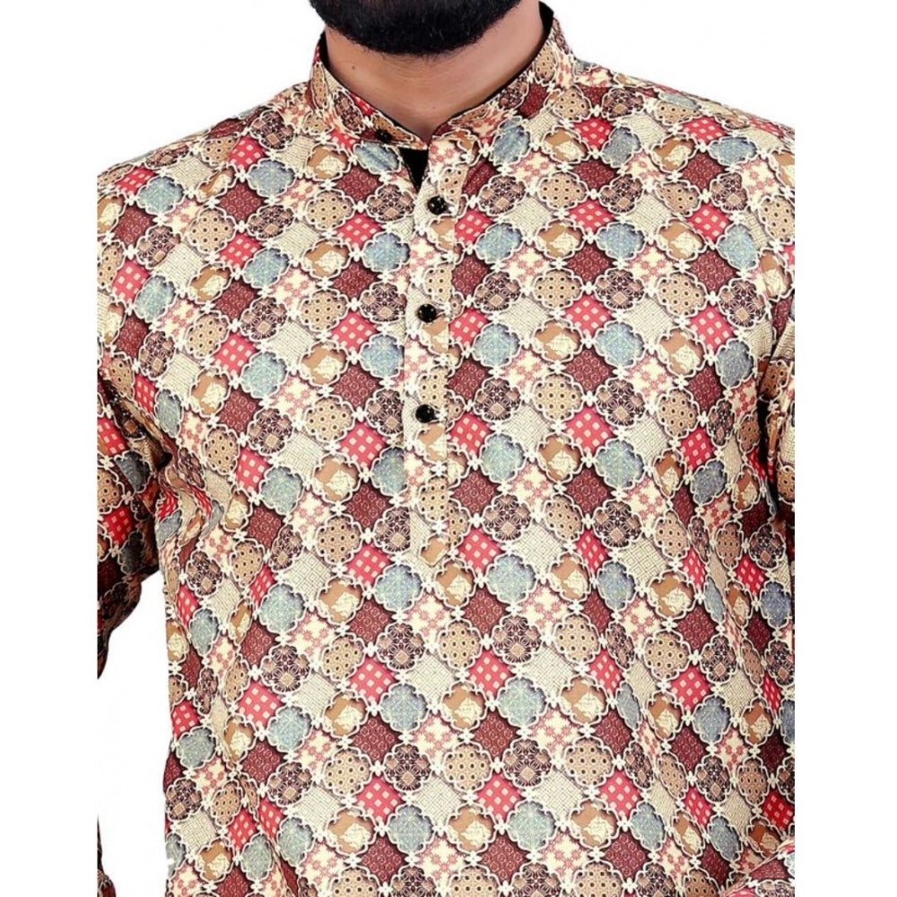 Men's Cotton Blended Printed Full Sleeve Shortkurta (Multicolor)