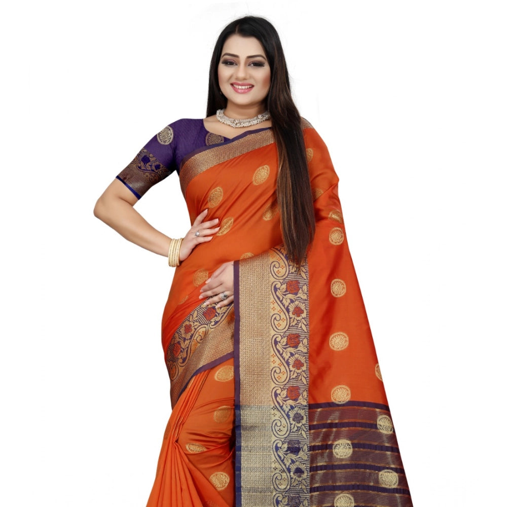 Women's Silk Blend Woven Saree With Unstitched Blouse 5.5Mtr (Blue-Orange)
