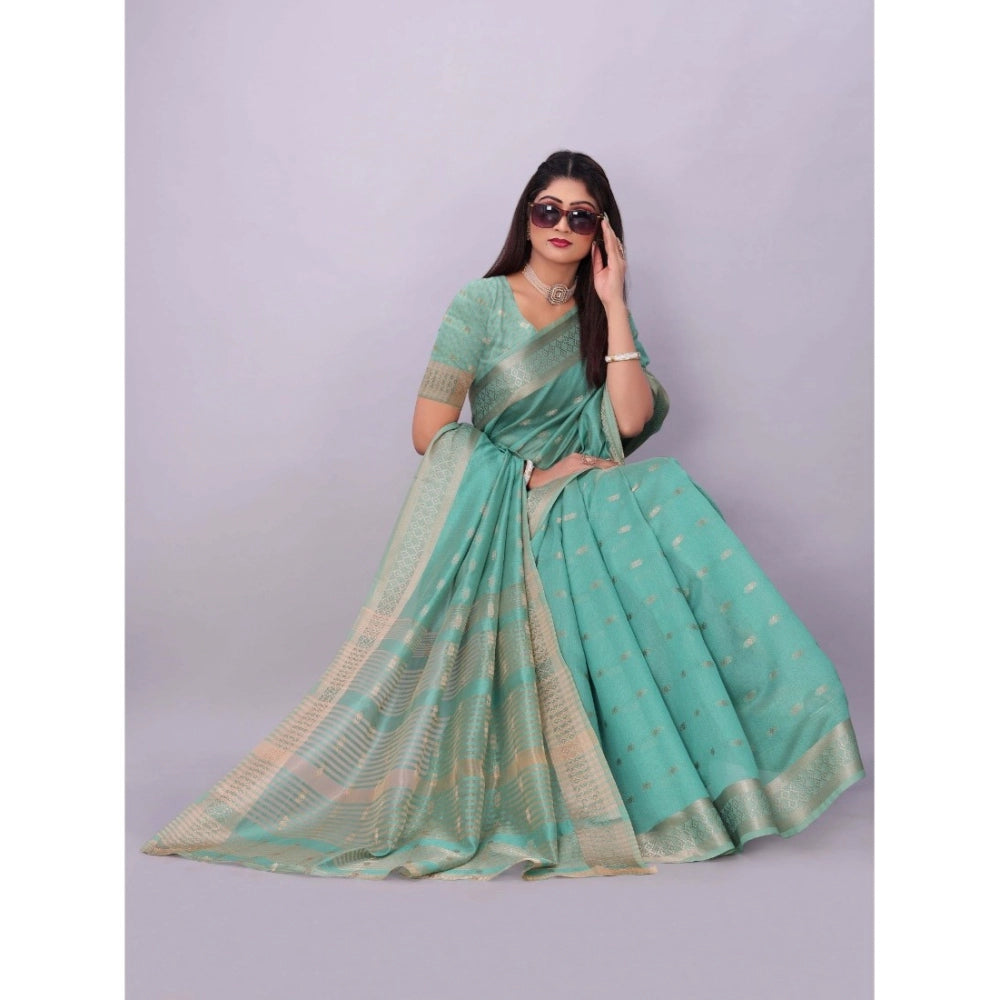 Women's Silk Blend Woven Saree With Unstitched Blouse 5.5Mtr (Dark Green)