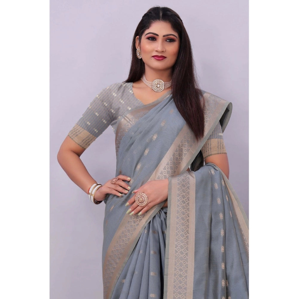 Women's Silk Blend Woven Saree With Unstitched Blouse 5.5Mtr (Grey)