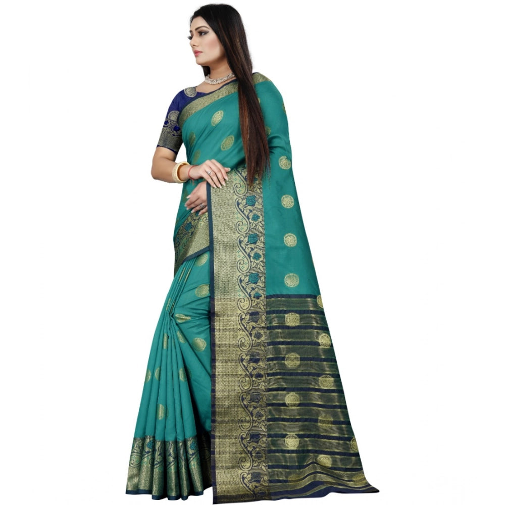 Women's Silk Blend Woven Saree With Unstitched Blouse 5.5Mtr (Green-Blue)