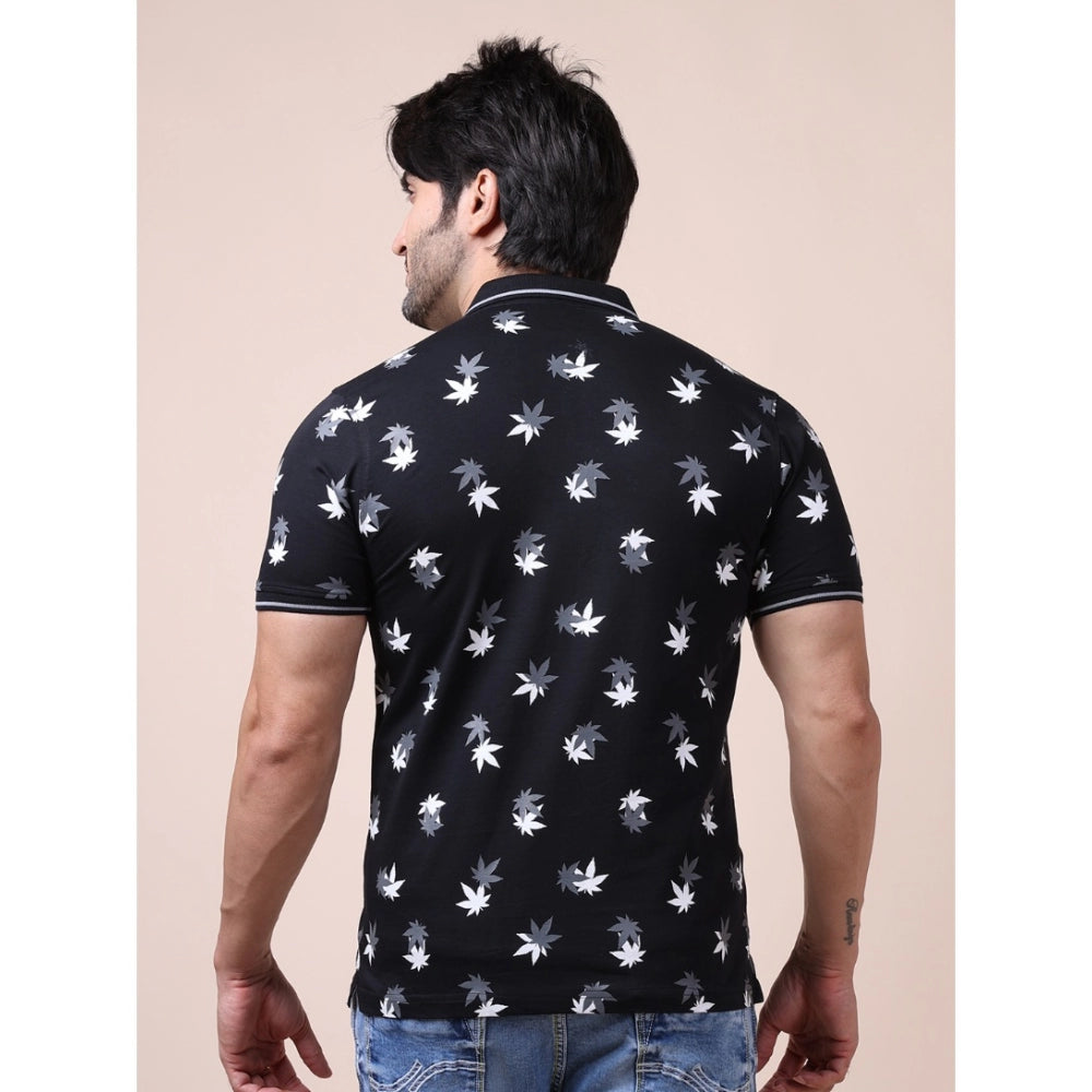 Men's Casual Cotton Printed Polo Neck Half Sleeve T-Shirt (Black)