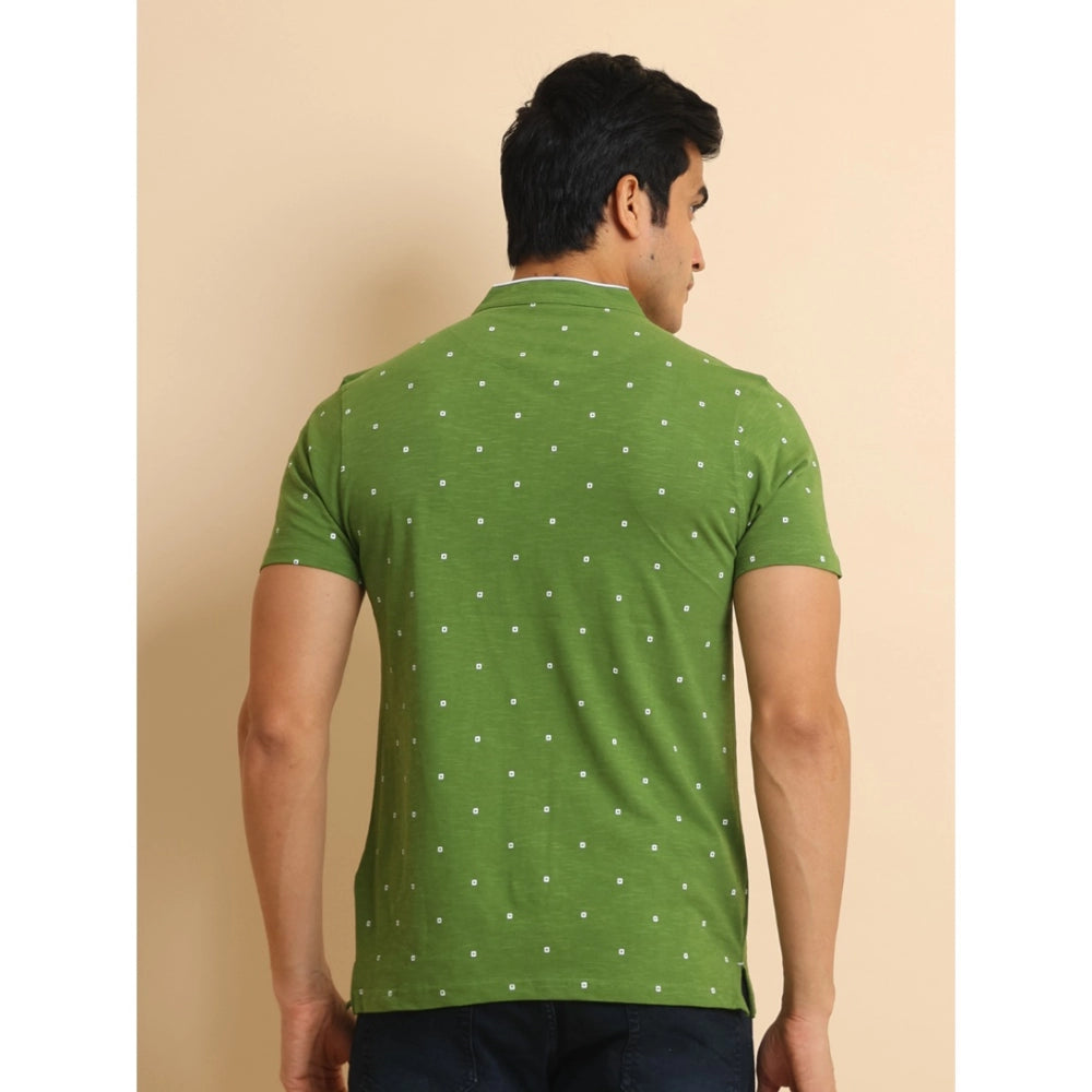 Men's Casual Cotton Printed Mandarin Collar Half Sleeve T-Shirt (Green)