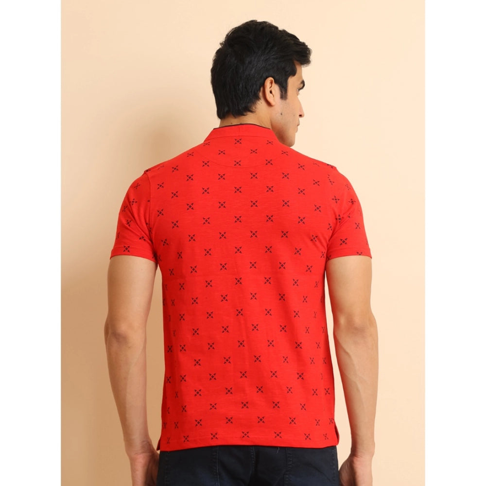 Men's Casual Cotton Printed Mandarin Collar Half Sleeve T-Shirt (Red)