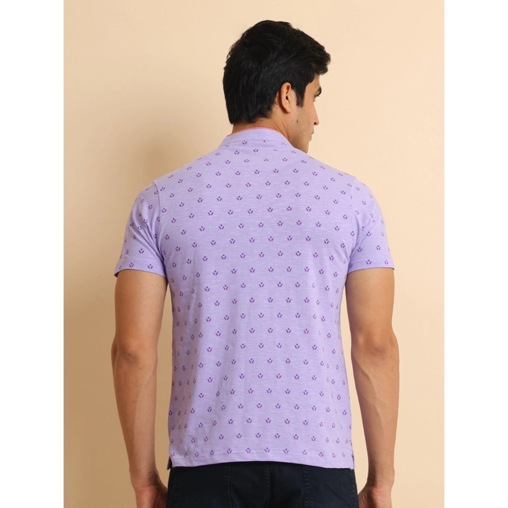 Men's Casual Cotton Printed Mandarin Collar Half Sleeve T-Shirt (Lavender)