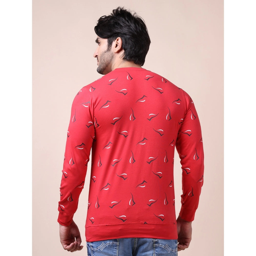 Men's Casual Cotton Printed Round Neck Full Sleeve T-Shirt (Red)