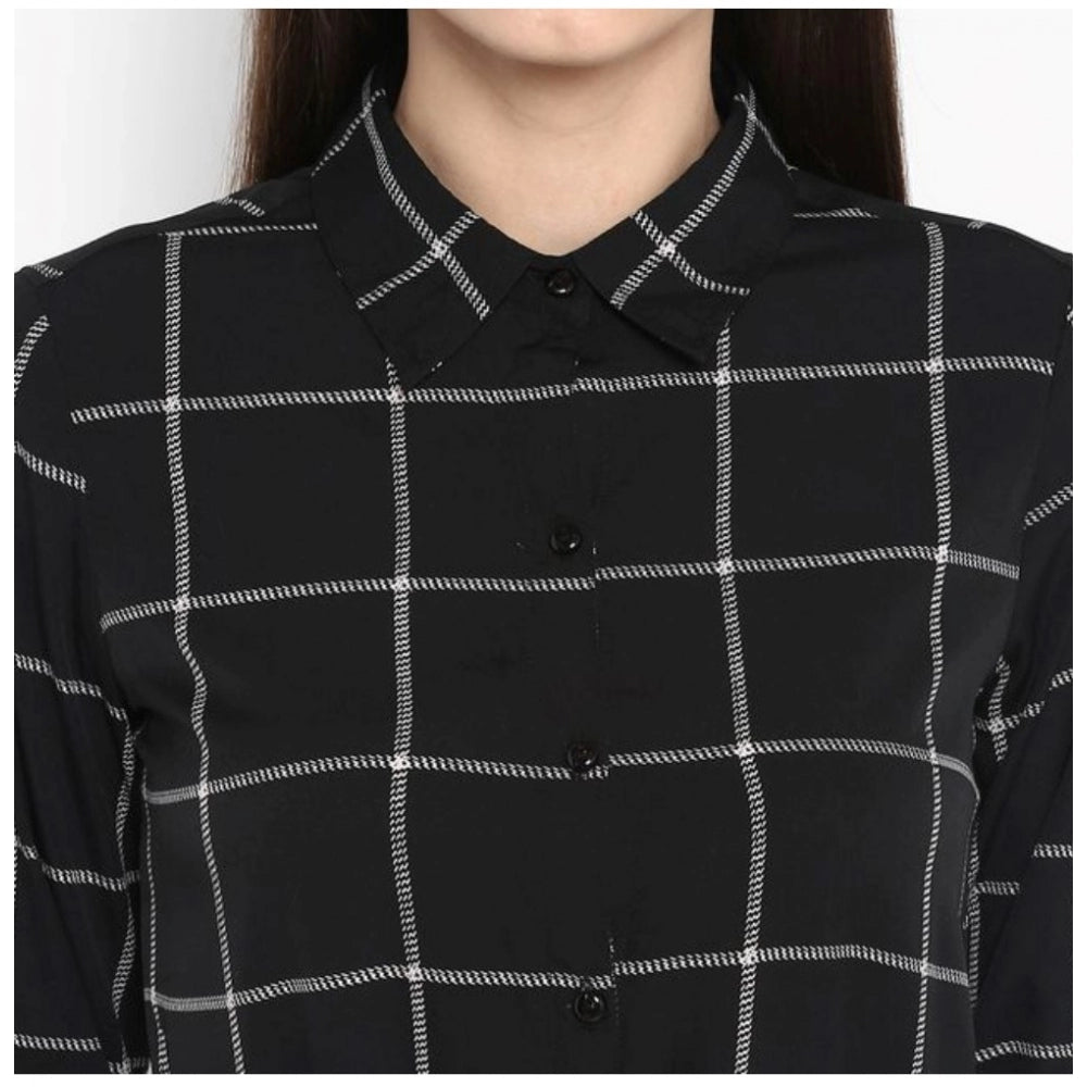 Women's Polyester Checkered Roll Up Sleeve Above Knee Dress (Black - White)