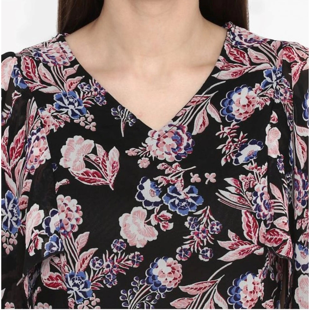Women's Polyester Floral Short Sleeve Knee-Length Dress (Black - Multicolor)