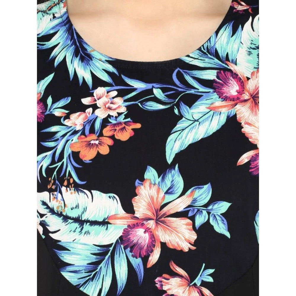 Women's Polyester Printed Sleeveless Above Knee Dress (Black - Multicolor)