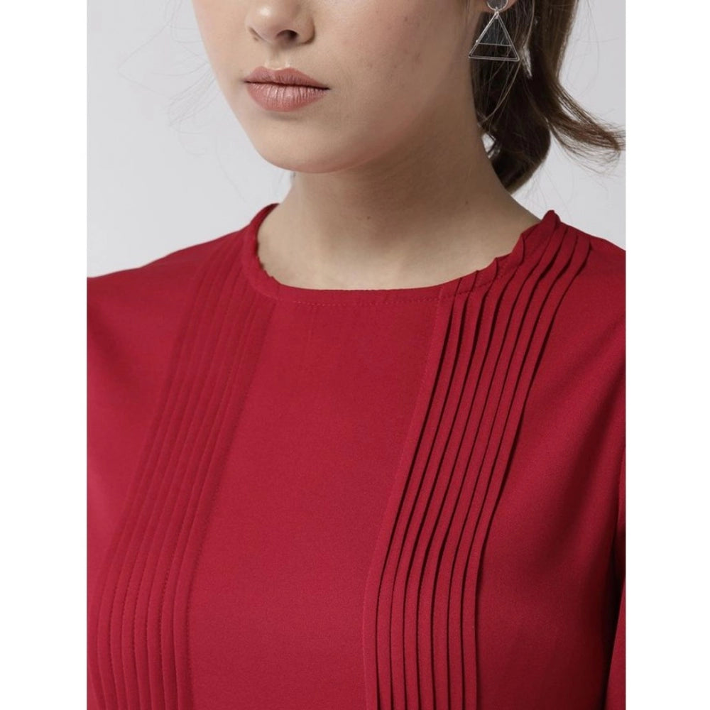 Women's Polyester Pintuck Long Sleeves Below Knee Dress (Red)